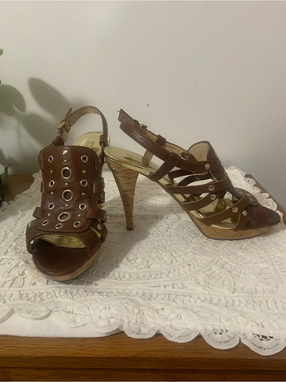Michael Kors Laci Cork Heel Gold Rivets Ankle Buckle Size 7 1/2 MK Heel Monogram